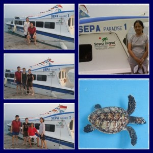 Mejeng di depan kapal + penyu di penangkaran Sepa